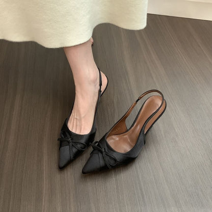 Pointed Toe Bow Satin Slingback Pumps