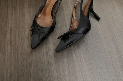 Pointed Toe Bow Satin Slingback Pumps