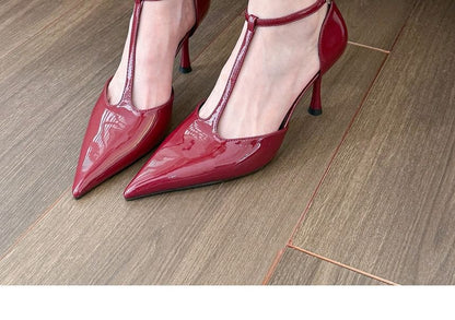 Pointed Toe T-Strap D'Orsay Patent Leather Stiletto Pumps