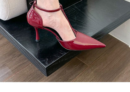 Pointed Toe T-Strap D'Orsay Patent Leather Stiletto Pumps