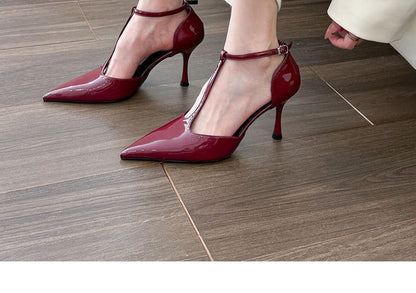 Pointed Toe T-Strap D'Orsay Patent Leather Stiletto Pumps