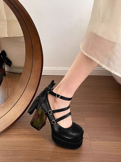 Platform Bow Floral Block Heel Mary Jane Pumps