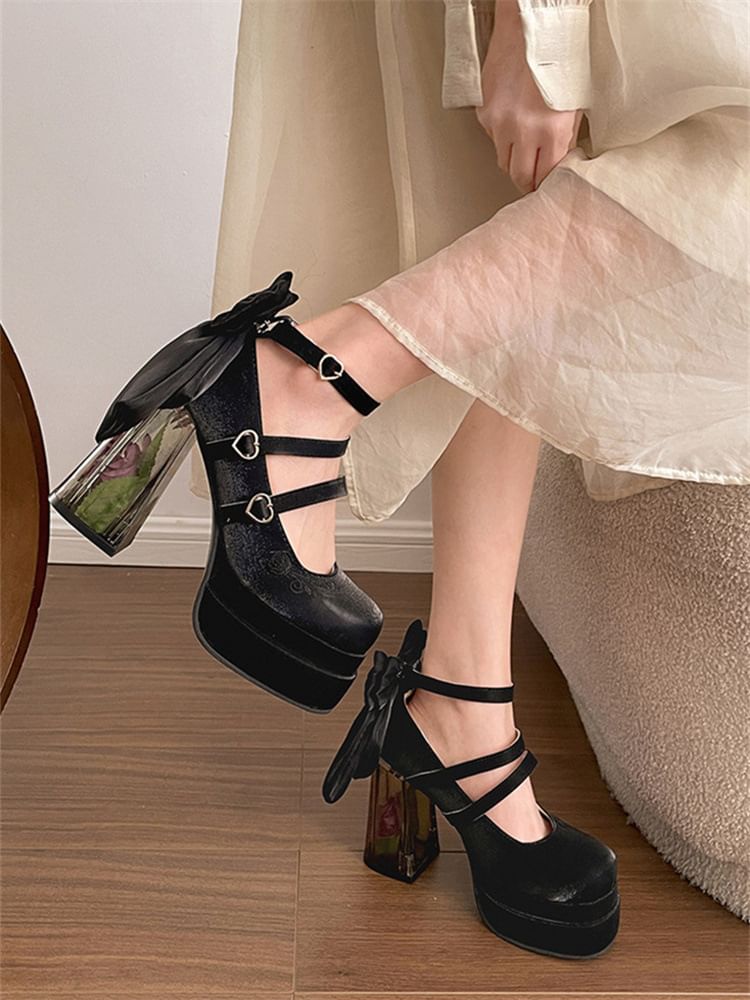 Platform Bow Floral Block Heel Mary Jane Pumps