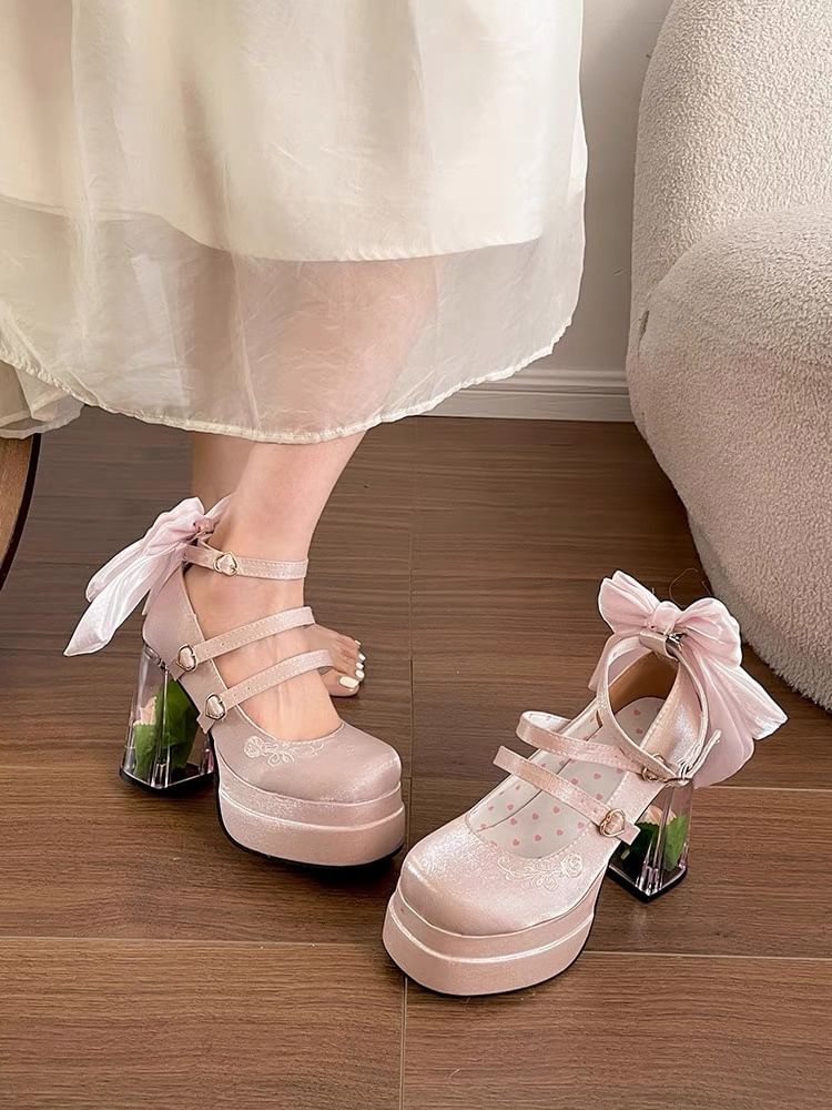 Platform Bow Floral Block Heel Mary Jane Pumps