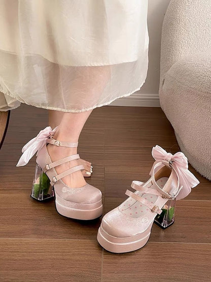 Platform Bow Floral Block Heel Mary Jane Pumps