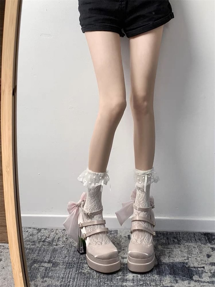 Platform Bow Floral Block Heel Mary Jane Pumps