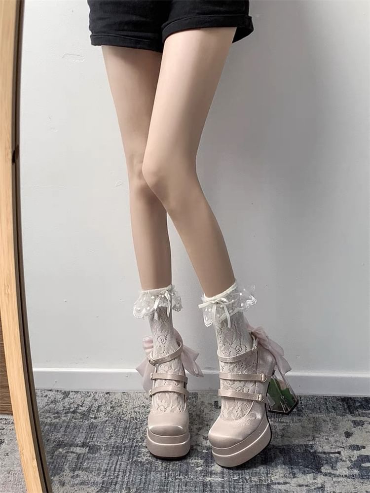 Platform Bow Floral Block Heel Mary Jane Pumps