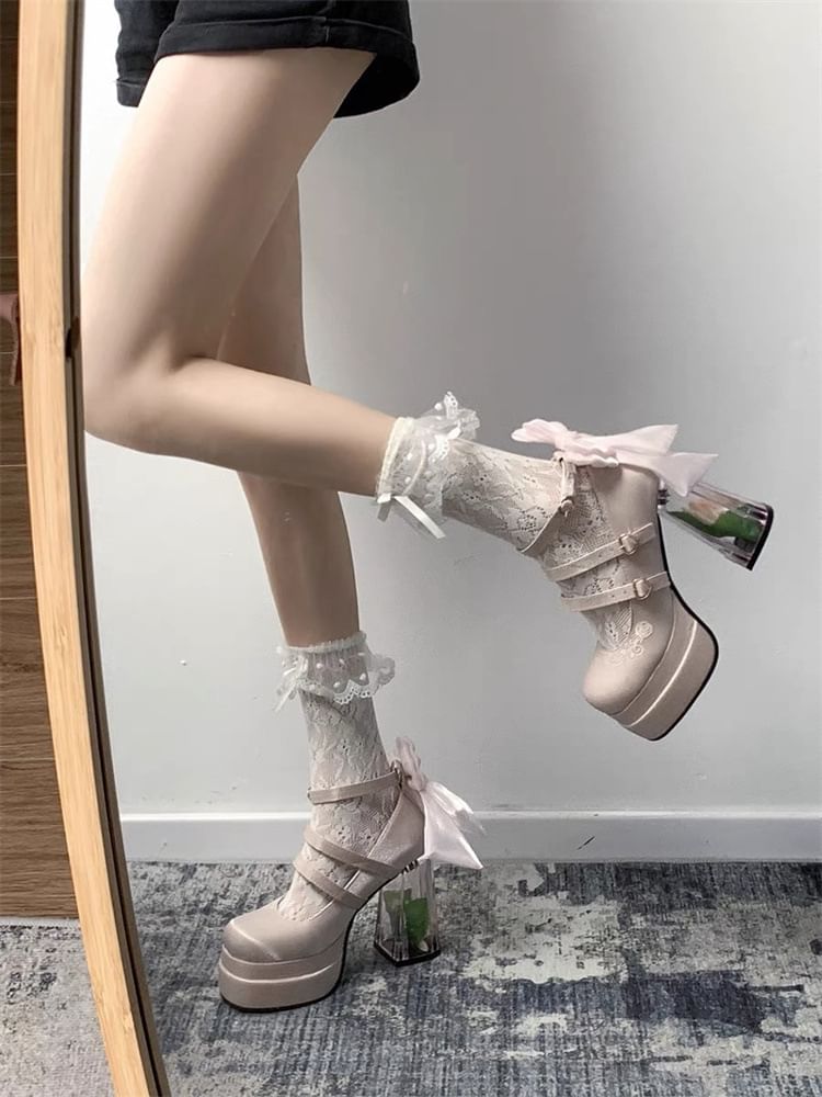 Platform Bow Floral Block Heel Mary Jane Pumps