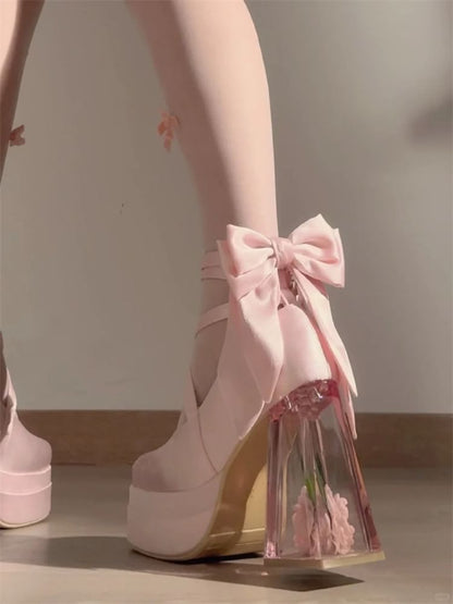 Platform Bow Floral Block Heel Mary Jane Pumps