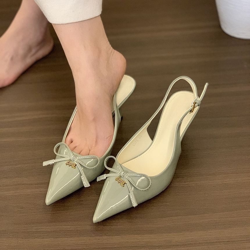 Pointed Toe Bow Slingback Kitten Heel Pumps
