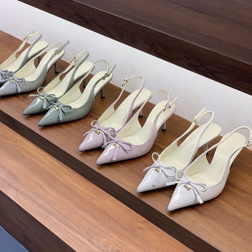 Pointed Toe Bow Slingback Kitten Heel Pumps