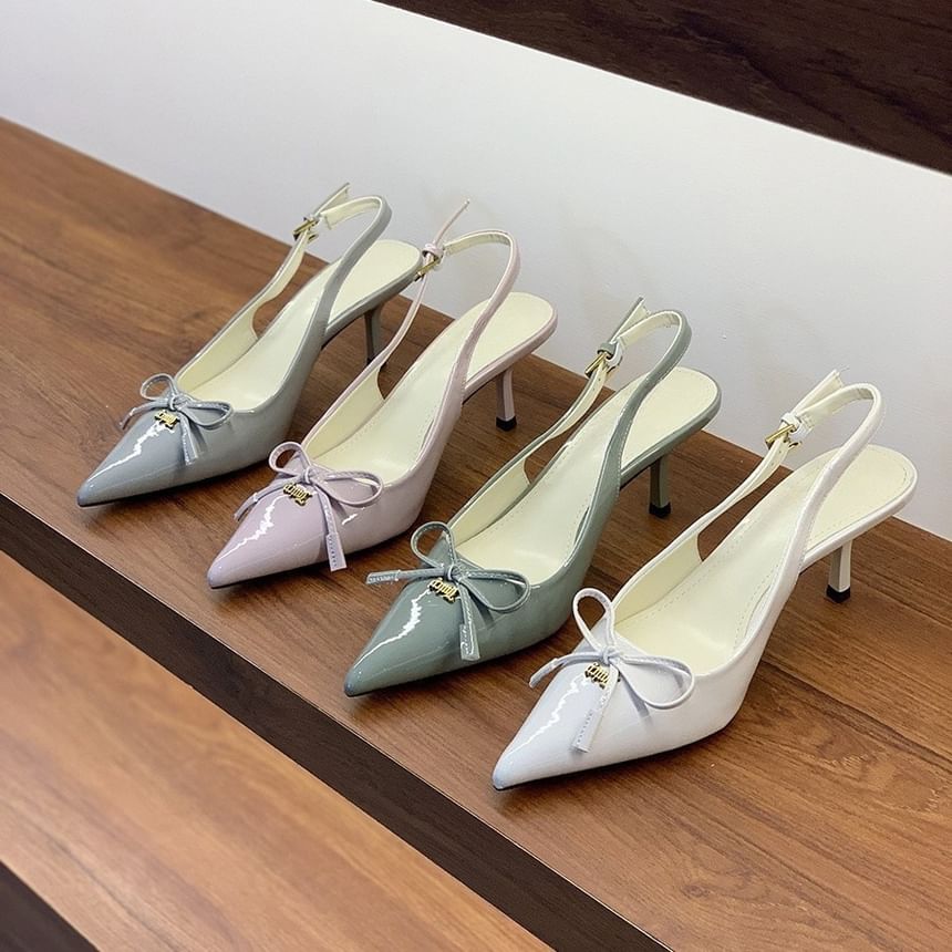 Pointed Toe Bow Slingback Kitten Heel Pumps