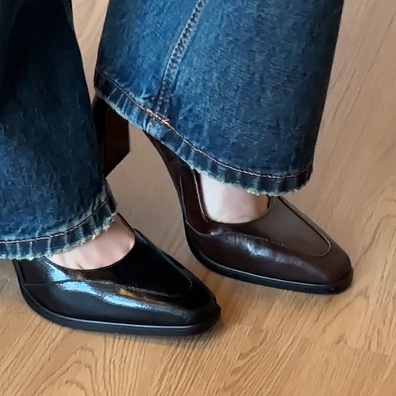 Square Toe Panel Block Heel Mary Jane Pumps