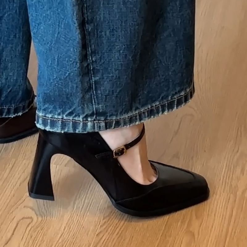 Square Toe Panel Block Heel Mary Jane Pumps