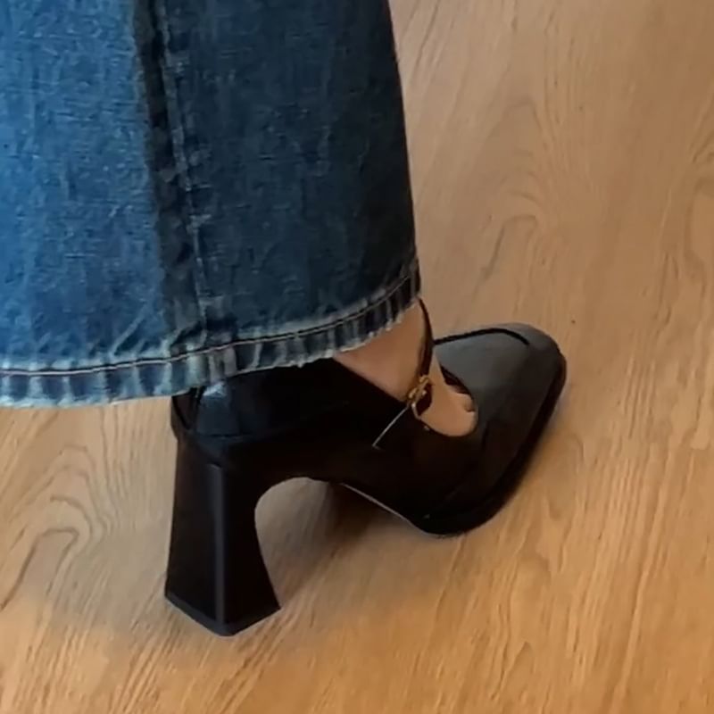 Square Toe Panel Block Heel Mary Jane Pumps