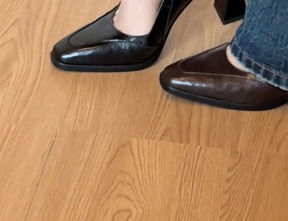 Square Toe Panel Block Heel Mary Jane Pumps