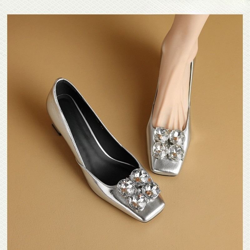 Square Toe Rhinestone Block Heel Pumps