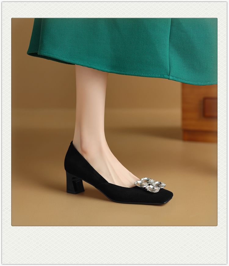 Square Toe Rhinestone Block Heel Pumps