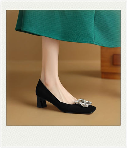 Square Toe Rhinestone Block Heel Pumps