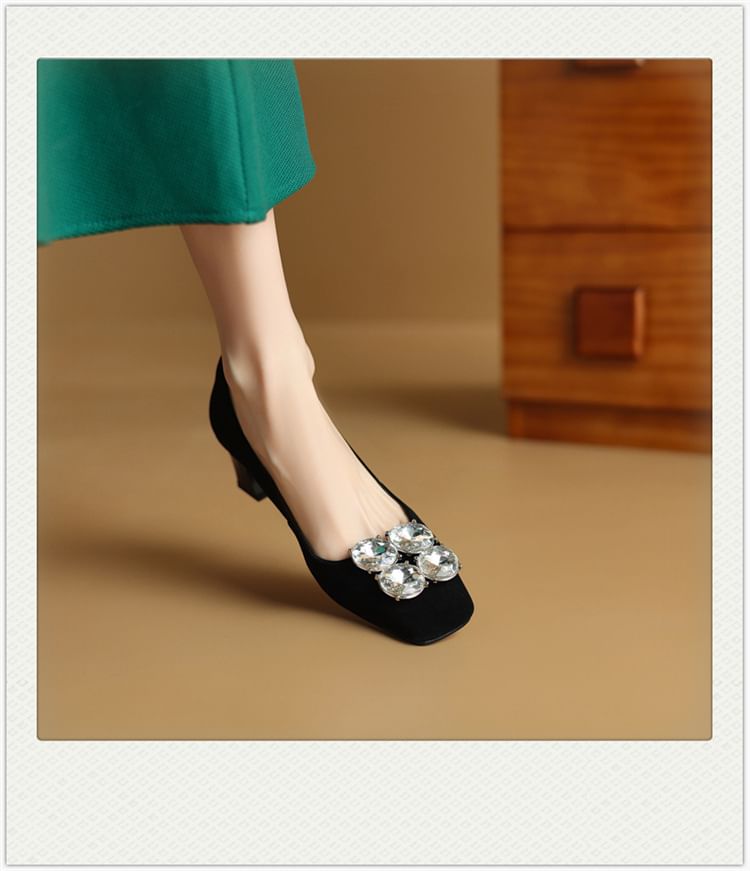 Square Toe Rhinestone Block Heel Pumps