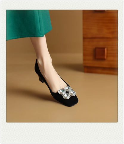 Square Toe Rhinestone Block Heel Pumps