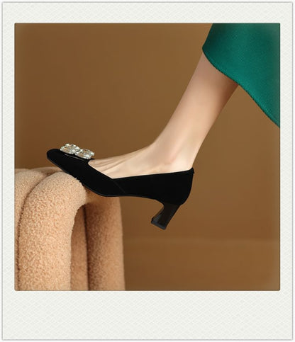 Square Toe Rhinestone Block Heel Pumps