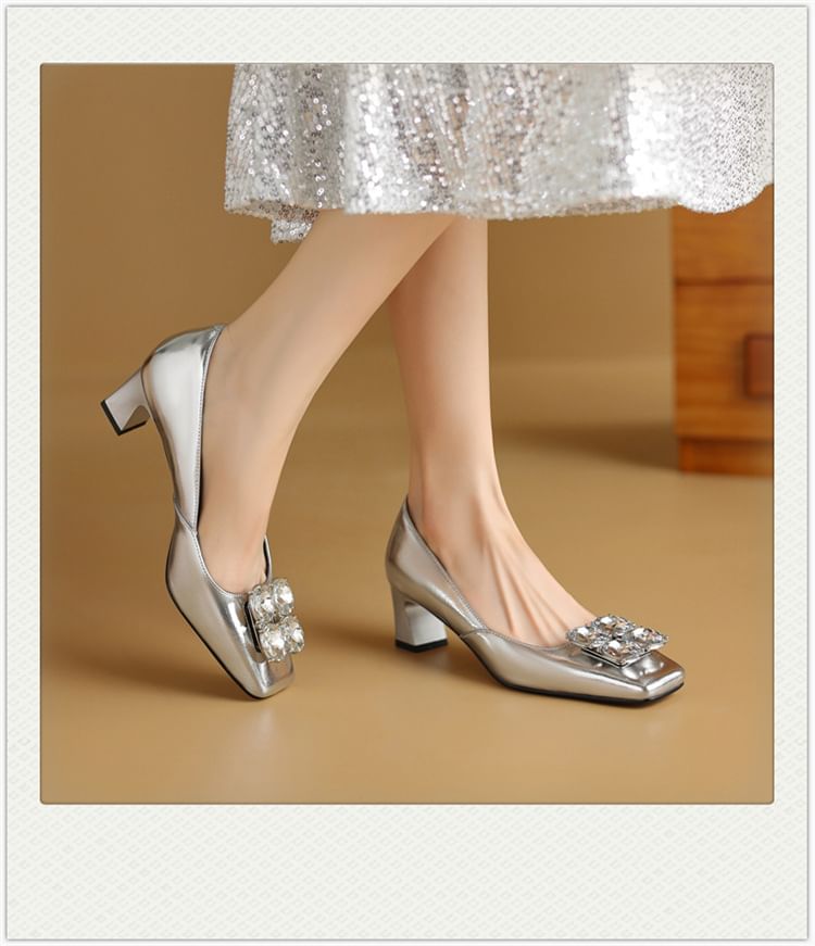 Square Toe Rhinestone Block Heel Pumps