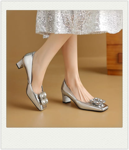 Square Toe Rhinestone Block Heel Pumps