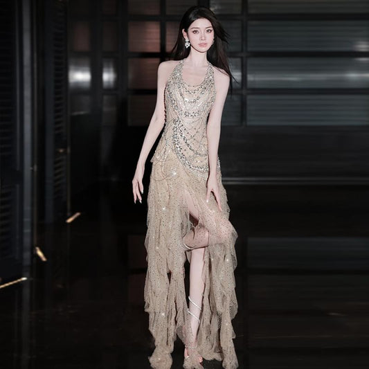 Halter Neck Sequin Asymmetrical Fringed Open Back A-Line Cocktail Dress