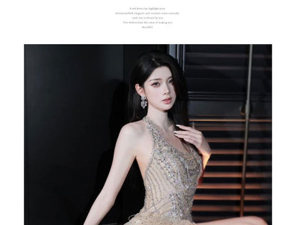 Halter Neck Sequin Asymmetrical Fringed Open Back A-Line Cocktail Dress