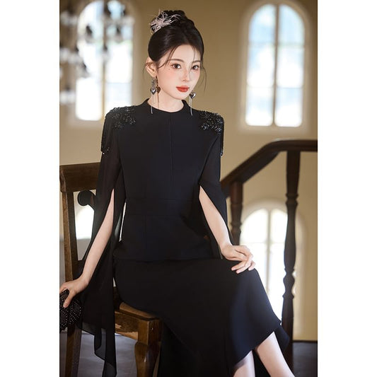 Cape-Sleeve Crew Neck Rhinestone Fringed Midi Mermaid Cocktail Dress