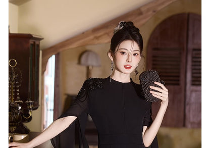 Cape-Sleeve Crew Neck Rhinestone Fringed Midi Mermaid Cocktail Dress