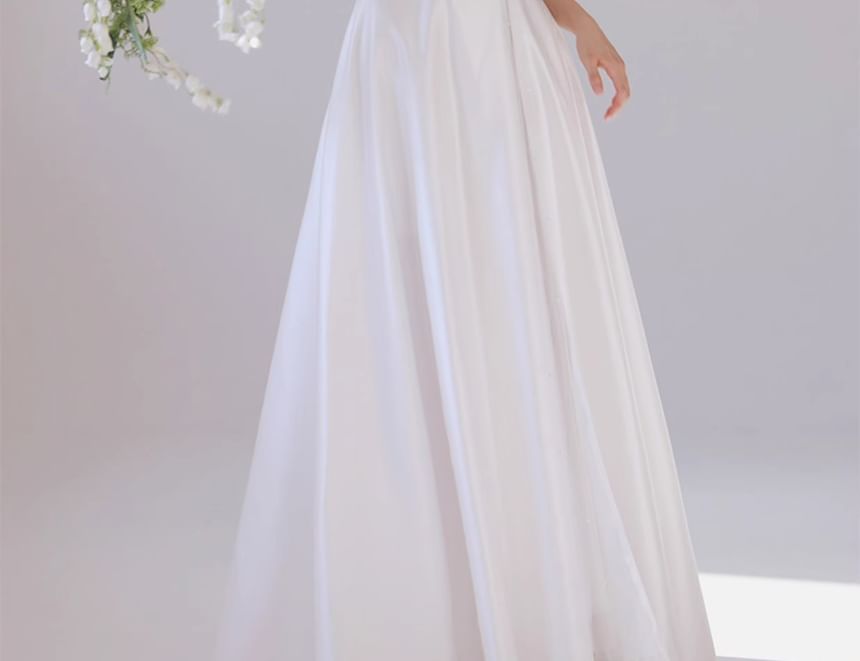 Cap-Sleeve Plain Mesh Panel Maxi A-Line Wedding Dress