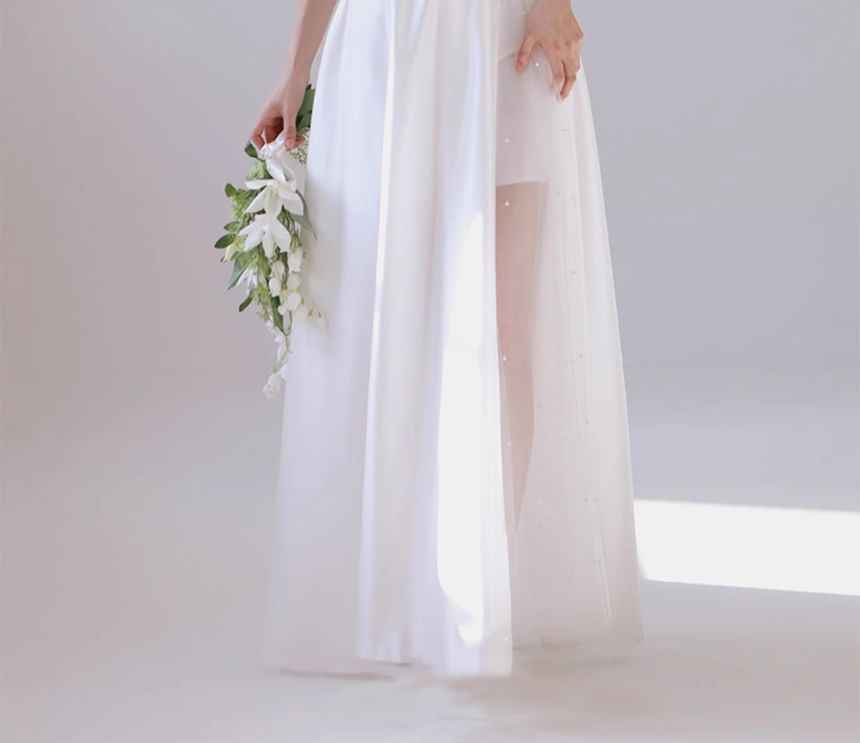 Cap-Sleeve Plain Mesh Panel Maxi A-Line Wedding Dress
