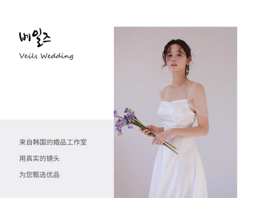 Cap-Sleeve Plain Mesh Panel Maxi A-Line Wedding Dress