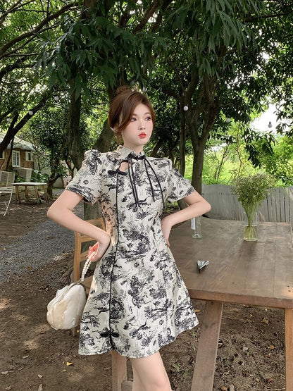 Short-Sleeve Floral Cutout Mini A-Line Qipao