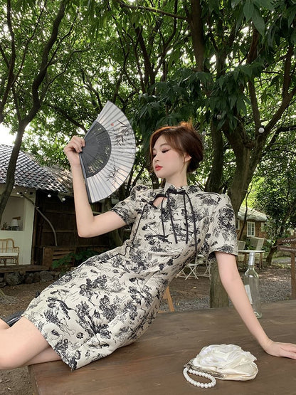 Short-Sleeve Floral Cutout Mini A-Line Qipao