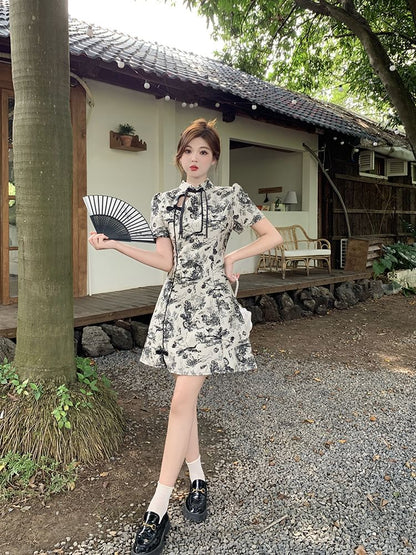 Short-Sleeve Floral Cutout Mini A-Line Qipao