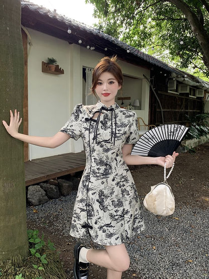 Short-Sleeve Floral Cutout Mini A-Line Qipao