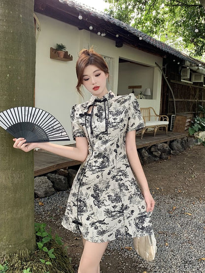 Short-Sleeve Floral Cutout Mini A-Line Qipao