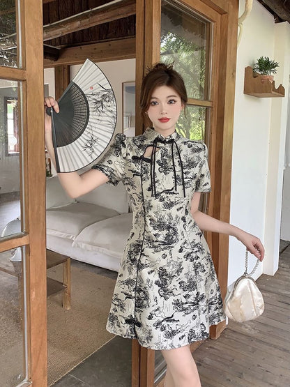 Short-Sleeve Floral Cutout Mini A-Line Qipao