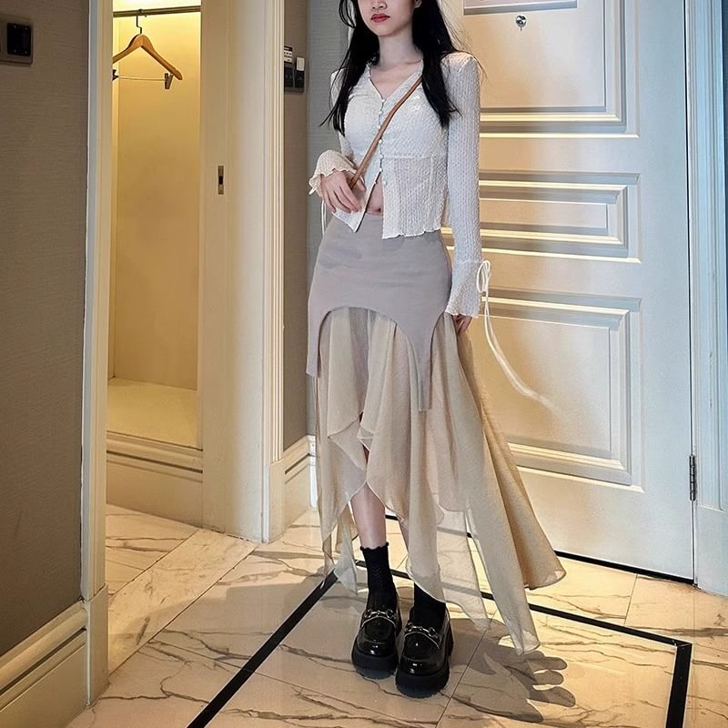 Asymmetrical Maxi Skirt with High Waist and Panel Design