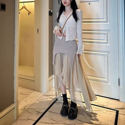 Asymmetrical Maxi Skirt with High Waist and Panel Design