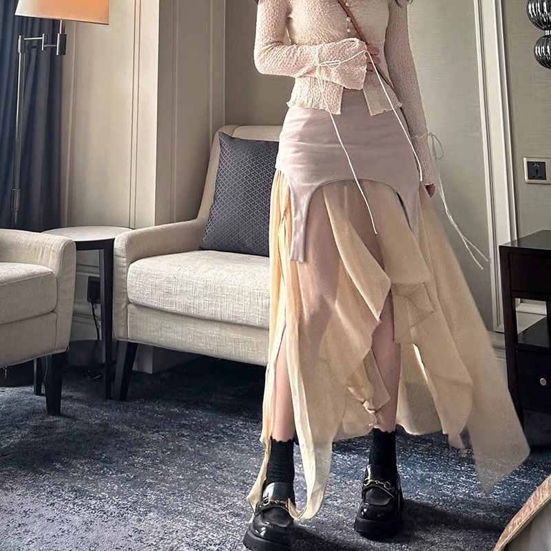 Asymmetrical Maxi Skirt with High Waist and Panel Design