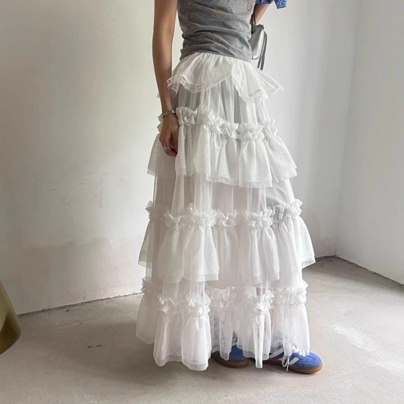Mesh Maxi Skirt with Frill Trim and High Rise