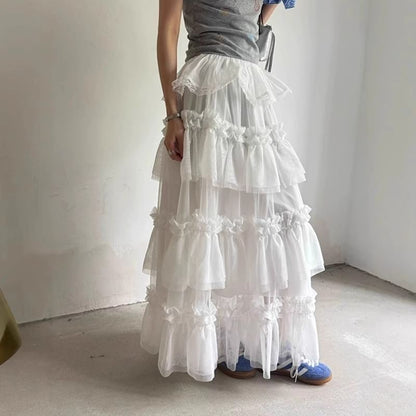 Mesh Maxi Skirt with Frill Trim and High Rise