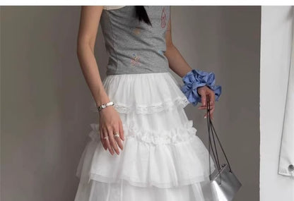 Mesh Maxi Skirt with Frill Trim and High Rise