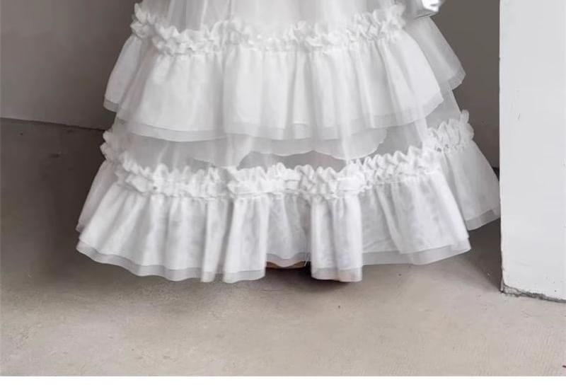 Mesh Maxi Skirt with Frill Trim and High Rise