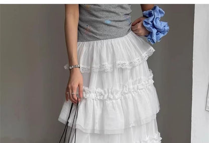 Mesh Maxi Skirt with Frill Trim and High Rise