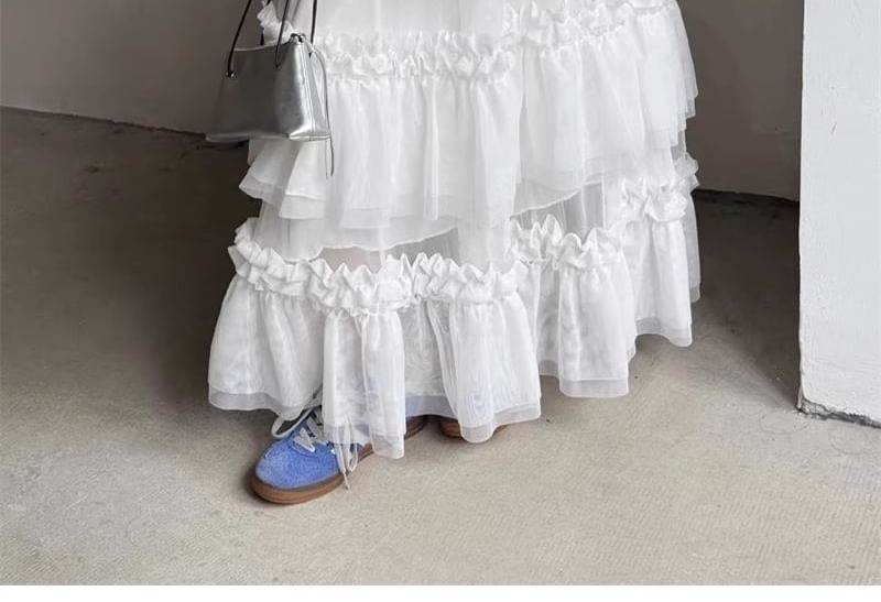 Mesh Maxi Skirt with Frill Trim and High Rise